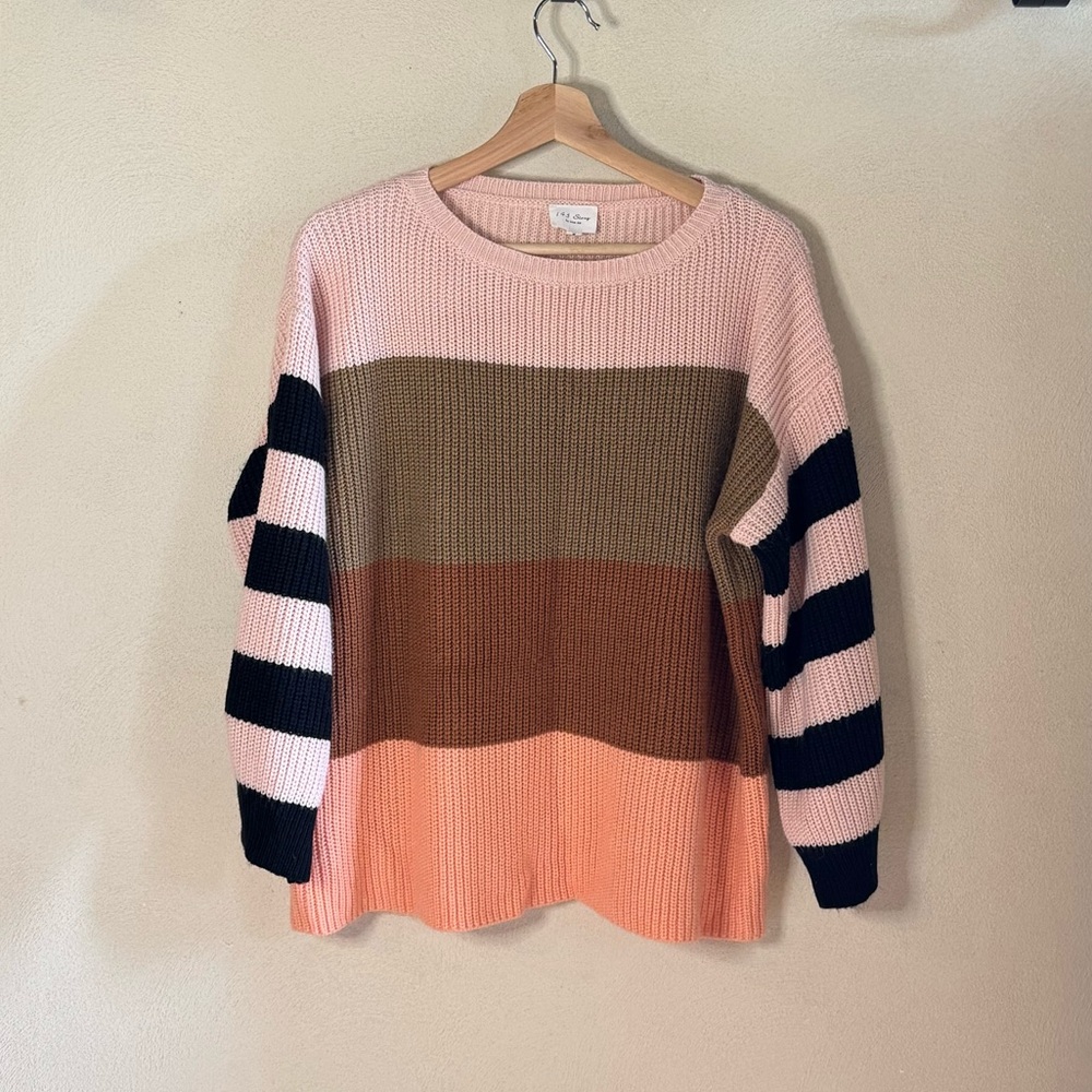 143 Story by Line Up Pink Tan Brown Colorblock Crewneck Striped Knit Sweater M
